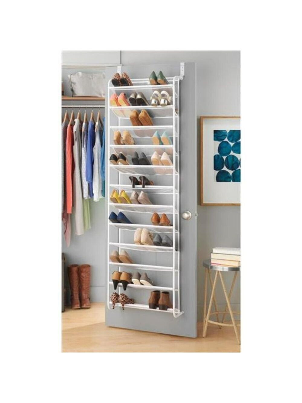 Over the Door Shoe Organizer Hanging Rack Holds 36 Pairs Metal Mesh White